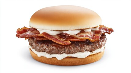 Bacon cheeseburger sits on a white surface with a sesame seed bun and creamy white sauce visible.