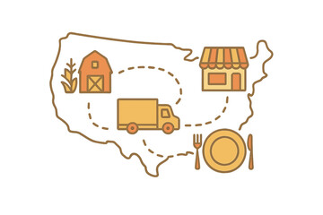 Food delivery journey across the United States connecting farms and restaurants with customers
