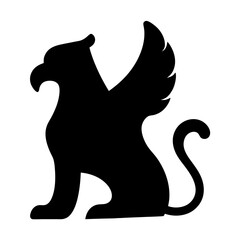 Black silhouette of a griffin, a mythical creature, on white background