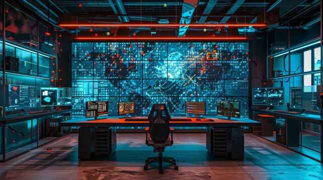 Immersive multi-monitor gaming setup with four screens, dynamic neon RGB lighting (blue, pink), and an empty ergonomic gamer chair at a wooden desk. Futurist cyberpunk atmosphere.