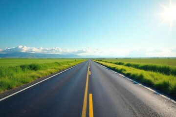 Fototapeta premium Empty cycling lane stretches towards distant horizon under clear sky , pathway, bike path, journey