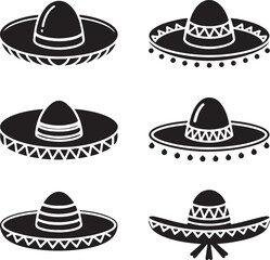 Collection of Sombrero Hat Icons in Black Silhouette