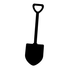 A minimalist black silhouette of a shovel on a white background