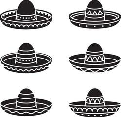 Six Variations of Sombrero Hats in Black Silhouette