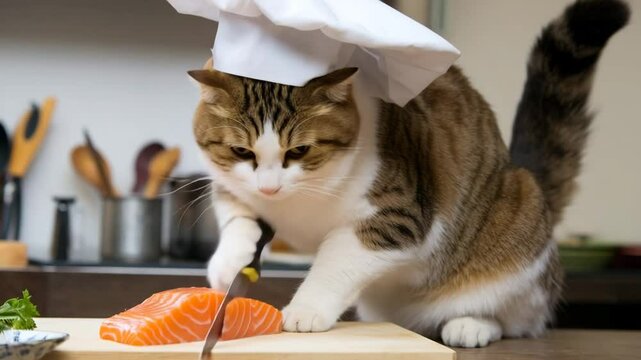 Gato cocinero con gorro corta pescado en la cocina, video 4K.