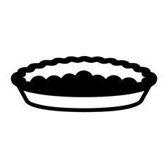 Stylized black and white illustration of a simple circular pie in a dish