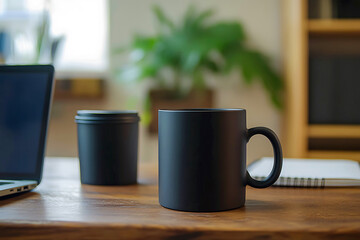 Minimalist morning work setup with laptop, coffee cup & home office decor for productive remote work