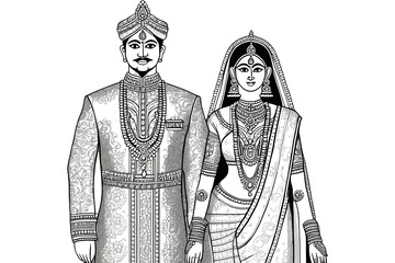 Fototapeta premium Traditional Indian Bride and Groom in Wedding Attire – Line Art Vector Illustration