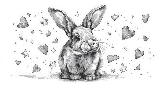 Adorable doodle art of a rabbit surrounded by floating hearts in a whimsical and playful illustration scene