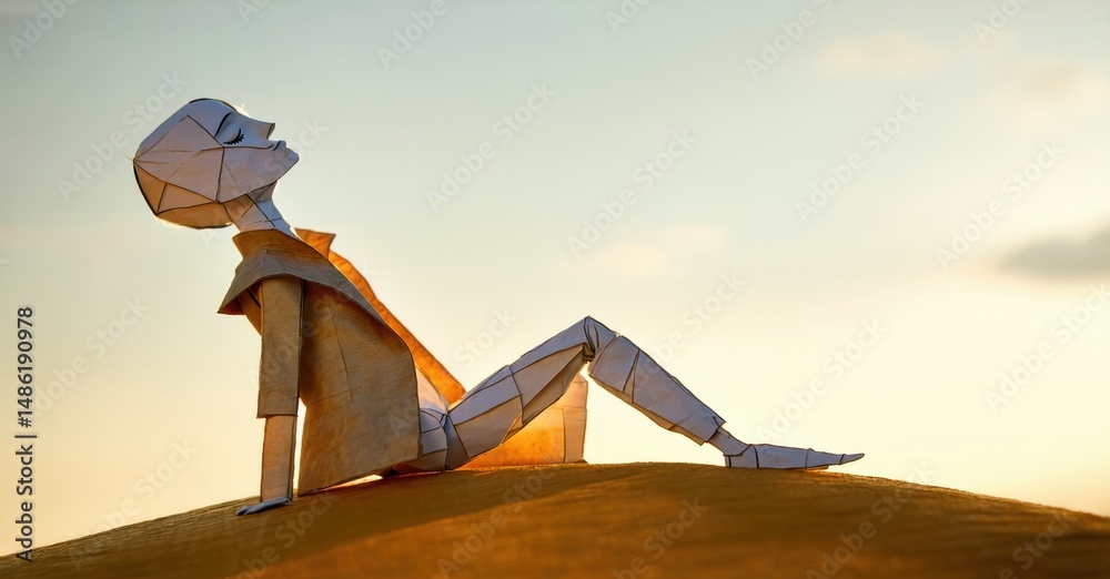 Poster geometric figure rests atop dune. warm light bathes scene, creating peaceful mood. minimalist style 