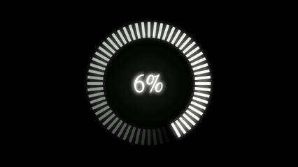 White circular loading screen interface with glowing progress animation.

