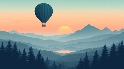 Fototapeta premium Serene mountain landscape with hot air balloon at sunrise