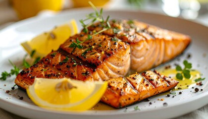 Grilled Salmon Dish On A White Plate With Lemon Wedges And Green Herbs