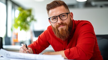 Bearded man wearing glasses is writing on architectural plans in an office environment, looking towards the camera.