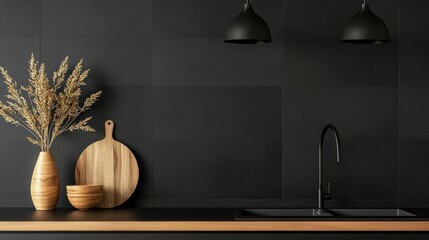 Modern kitchen with black tiles on the walls and a wooden countertop. on the countertop, there is a black sink with a black faucet and two black pendant lights hanging above it.