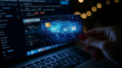 A hand holds a glowing credit card in front of a laptop screen displaying data, symbolizing online transactions