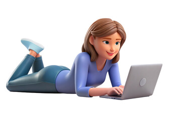  A woman lies on the floor using a laptop, symbolizing a casual or unconventional approach to work or study. 3D rendering, conceptual image.