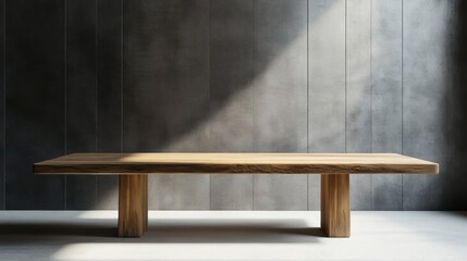 Long wooden table against a dark grey wall with sunlight.