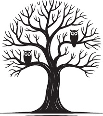Obraz premium Black and White Line Drawing of a Tree with Owls on Twisting Branches