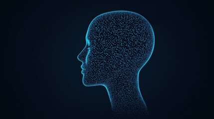 Digital head silhouette made of glowing blue dots against a dark background, symbolizing technology and artificial intelligence.