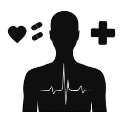 Healthcare and Medical Icon Set. Human Silhouette with Heartbeat, Heart Symbol, Pills, and Medical Cross. Ideal for Health and Wellness Themes