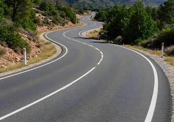 Obraz premium Winding road through a mountainous landscape with lush greenery