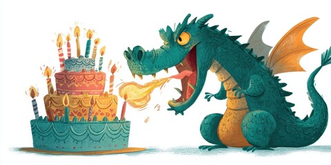 Happy dragon blowing out candles on a birthday cake