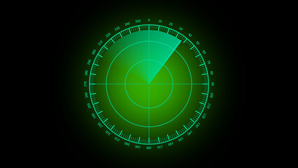 Radar screen illustration with circular scanning interface in green tones.