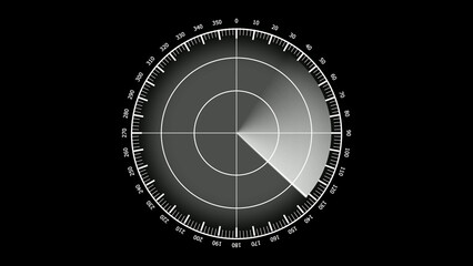 Radar screen illustration with circular scanning interface in white tones.