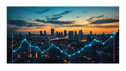 City skyline at dusk with upward trending graph overlay