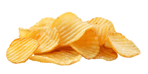 Crispy potato chips heap isolated on pure black background, studio shot