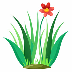Single Red Flower Blooming in Green Grass Illustration