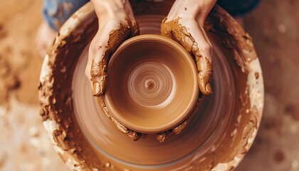 Hands Shaping Clay Bowl On Pottery Wheel Creating Ceramic Art In Brown Tones