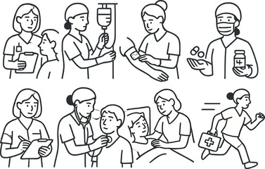Nurse and healthcare line icons set – outline, medical, hospital care symbols