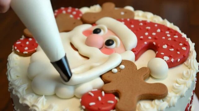 I put the cream on the cake with the help of a confectionery bag. Christmas cake with gingerbread cookies in the shape of Santa Claus