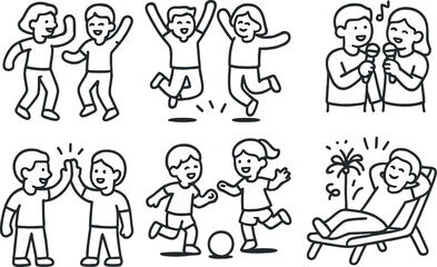 Joyful activity linear icons set – outline, fun and leisure symbols for playtime