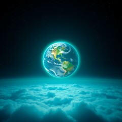 Planet Earth floating above clouds in glowing cosmic space