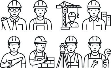 Construction careers line icons set – outline, building and engineering symbols