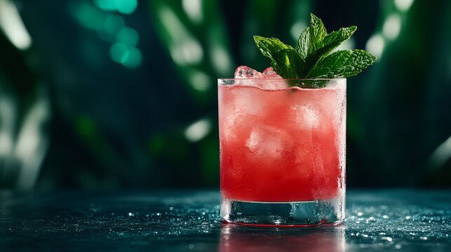 Cocktail rests on a glossy surface filled with ice and a sprig of mint against a blurred green background.