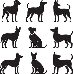 Nine Black Silhouettes of Dogs in Various Poses