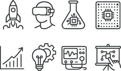 Tech innovation outline icons set – futuristic, digital transformation symbols