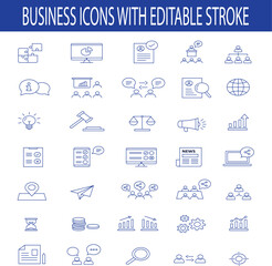 A clean set of blue business icons with editable strokes. Ideal for presentations, apps, websites, and infographics. Stylish and easy to customise.