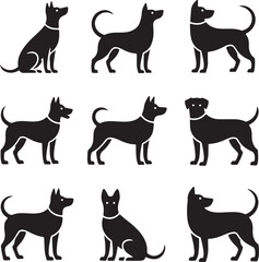 Nine Black Silhouettes of Dogs in Various Poses