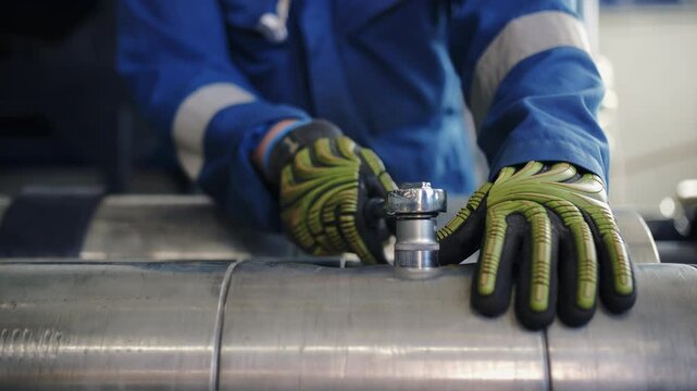 Worker tightening oil drilling pipe with ratchet wrench