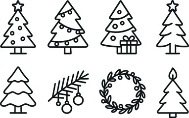 Fototapeta premium Festive holiday trees outline icons set – simple, christmas and decoration symbols