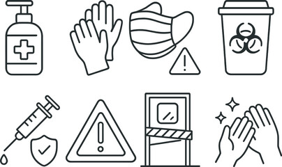 Medical safety outline icons set – health, protection and caution symbols