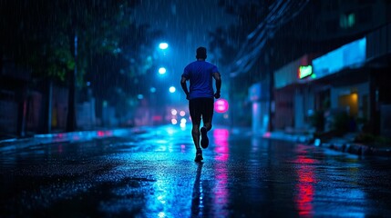 A lone runner in the rain, viewed from behind, races down a wet city street at night under neon lights