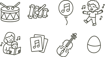 Children's musical line icons set – outline, kids music and fun symbols