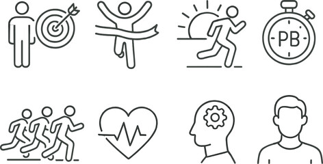 Running and fitness outline icons set &ndash; silhouette, exercise and training symbols