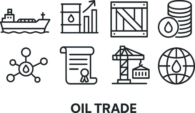Global oil trade line icons set – outline, petroleum and energy industry symbols